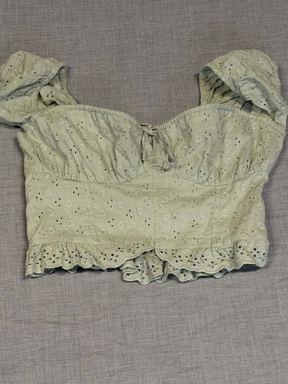 Hollister Sage Green Eyelet Crop Top with Puff Sleeves and Smocked Back - Picture 2 of 5